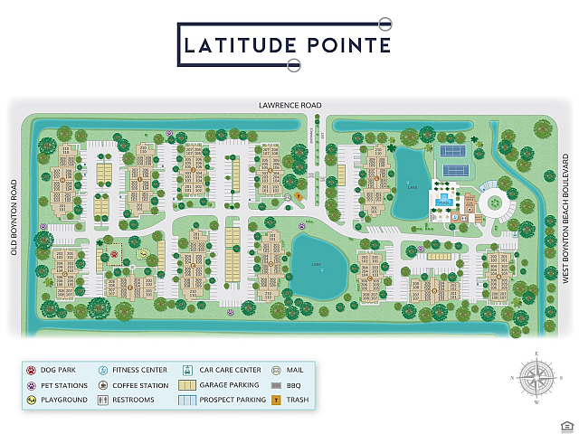 Lush, detailed map of Latitude Pointe featuring apartment buildings, lakes, pool, and amenities including dog park, fitness center, and playground.
