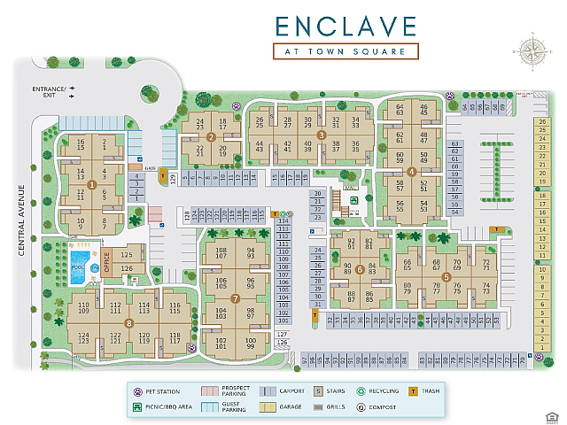 Enclave at Town Square property site plan with multi-unit buildings, pool area, and designated parking.