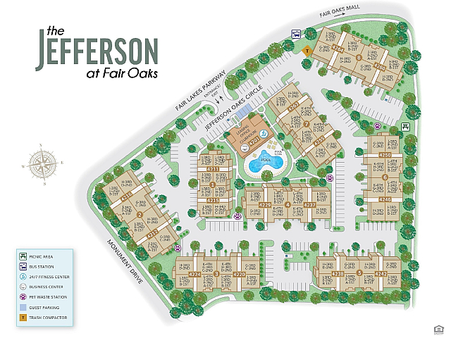 Colorful layout of The Jefferson at Fair Oaks, showcasing residential buildings, amenities, and lush greenery.