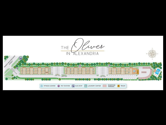 Detailed site map of The Oliver in Alexandria, showcasing apartment buildings, amenities like a pool, fitness center, and pet stations amidst lush greenery.