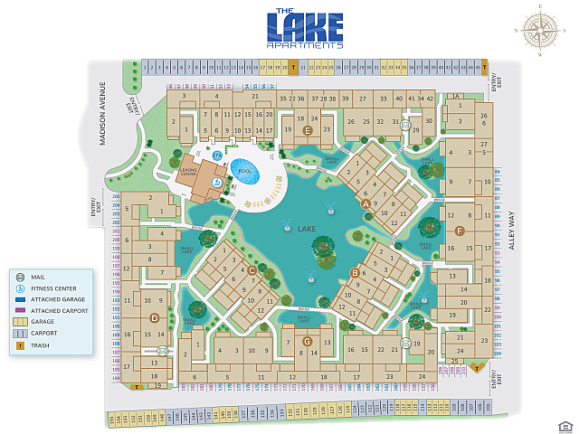 Map of The Lake Apartments complex featuring a central lake, swimming pool, fitness center, and various residential buildings.