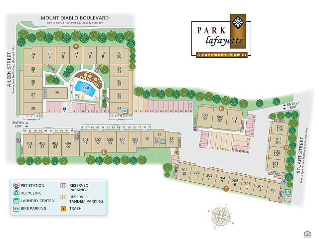 Park Lafayette apartment community map featuring multiple buildings with unit numbers, a central pool area, and convenient amenities like pet stations, laundry center, and bike parking, set amidst lush greenery.