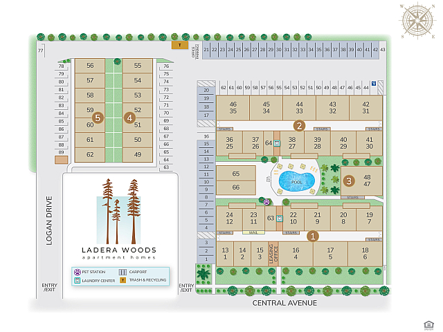 Inviting site map of Ladera Woods Apartment Homes showcasing spacious layout with central pool, pet station, and ample parking along Logan Drive and Central Avenue.