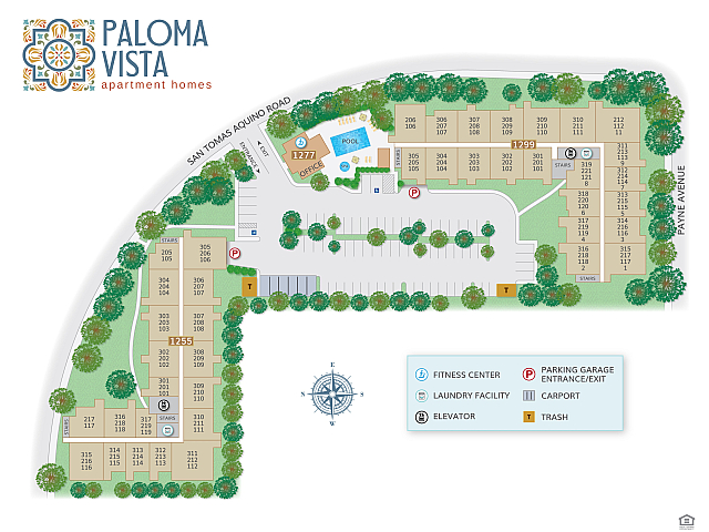 Paloma Vista apartment community layout featuring lush greenery, a sparkling pool, convenient fitness center, and ample parking spaces.