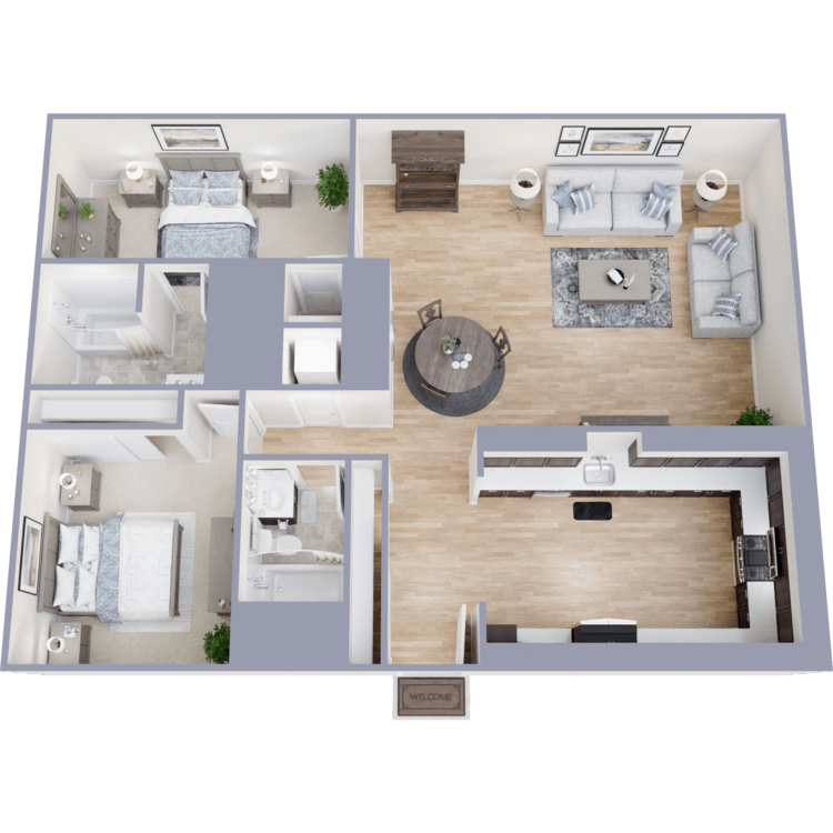 Modern 3D floor plan showcasing 2 bedrooms, cozy living room, dining area, and sleek kitchen with ample storage.