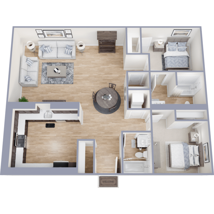 Modern 3D floor plan showcasing a spacious 2-bedroom apartment with an open living area, sleek kitchen, and elegant dining space.