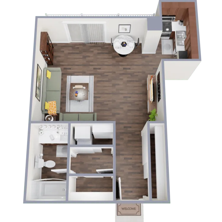 Modern 1-bedroom apartment floor plan featuring an open-concept living and dining area, cozy kitchen, and spacious bathroom with sleek wood flooring.