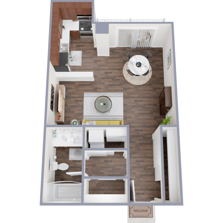 Modern 1-bedroom apartment floor plan with open-concept kitchen and living area, stylish bathroom, and inviting dining space.