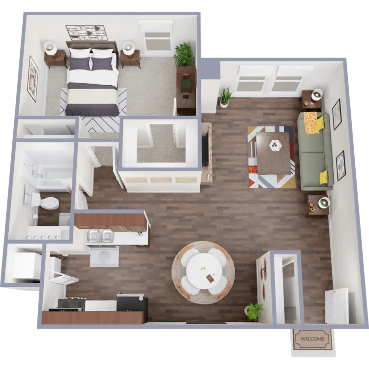 Charming 3D floor plan featuring a cozy bedroom, modern kitchen, inviting dining area, and spacious living room, ideal for comfortable living.