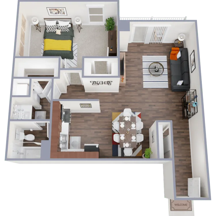 Modern 3D floor plan showcasing a spacious one-bedroom apartment with open-concept living room and dining area, stylish kitchen, and elegant bathroom.