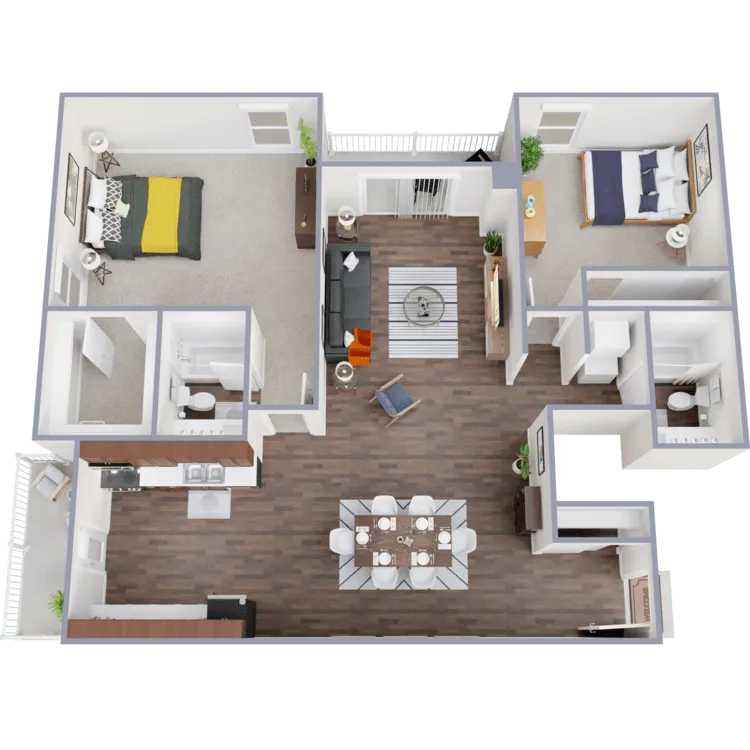 Modern 3D floor plan with 2 spacious bedrooms, open-concept living and dining area, sleek kitchen, and elegant decor.