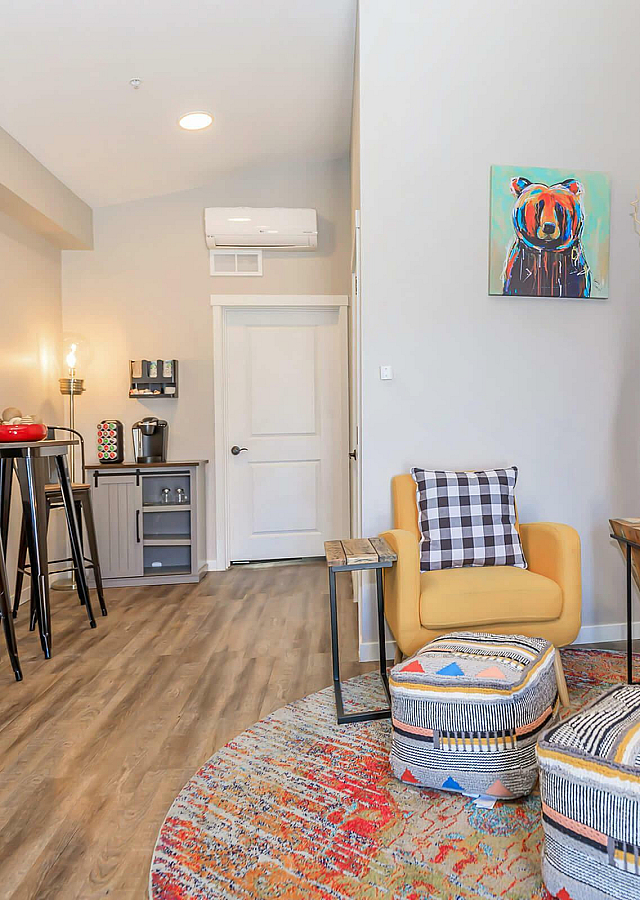 Park Sixty Four Apartments Resident Lounge with Coffee, TV, Computer and Seating Areas
