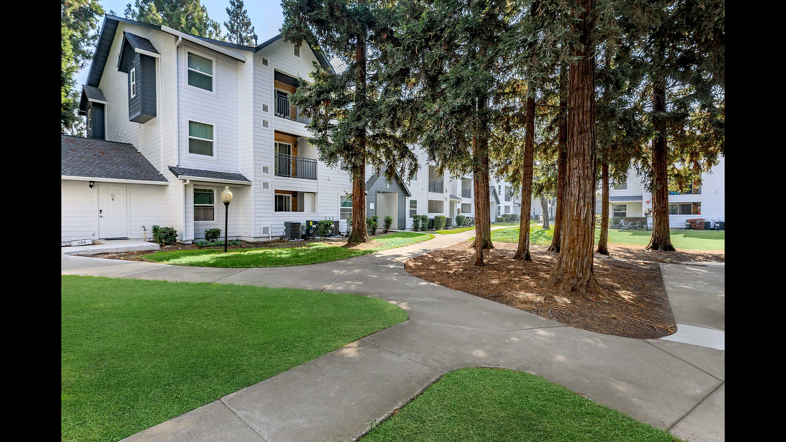 The Hazelwood Apartments Modern Building Exterior with mature landscaping and shaded trees