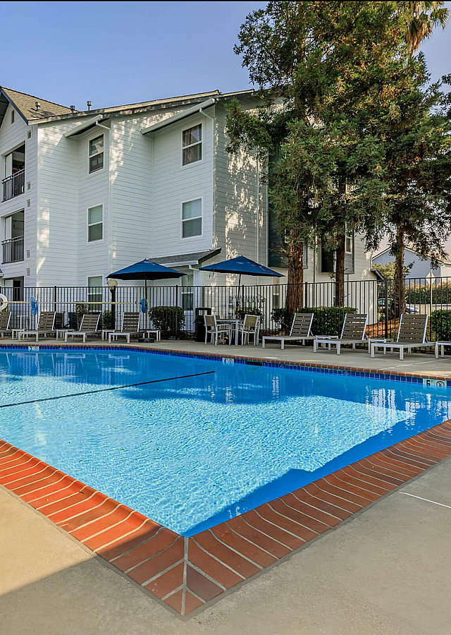 The Hazelwood Swimming Pool with Blue Umbrellas and Chaise Loungers