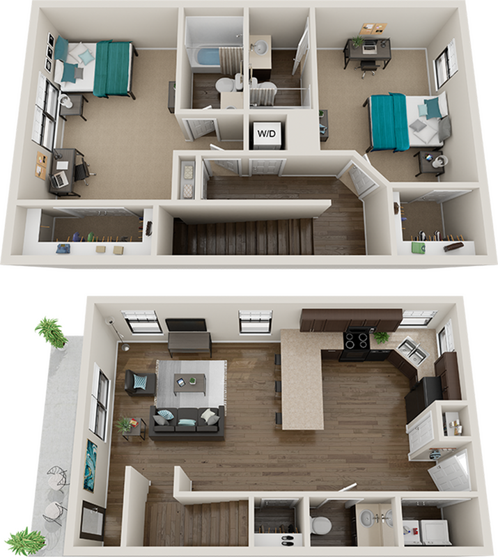 Charming two-story apartment floor plan featuring two bedrooms, a cozy living room, and a modern kitchen with island seating, complemented by a private balcony for outdoor relaxation.