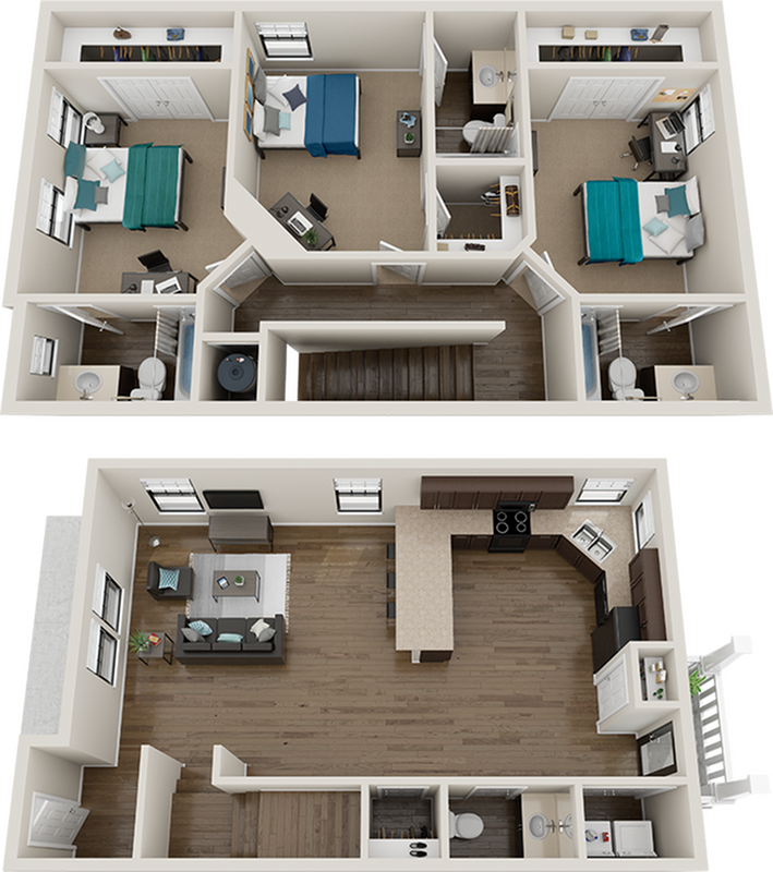 Stylish 3D floor plan showcasing an elegant two-story apartment with three cozy bedrooms, modern kitchen, and chic open-plan living area.