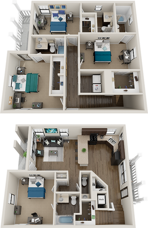Modern split-level 3D floor plan showcasing two bedrooms, a spacious open-concept kitchen, elegant living area, and two bathrooms, perfect for stylish urban living.