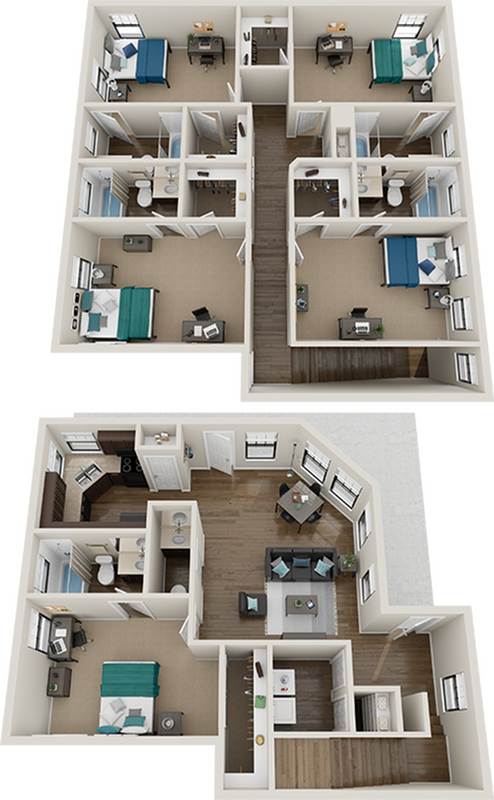 Detailed 3D floor plan showcasing a multi-level layout with five generous bedrooms, cozy living spaces, and a modern kitchen design.