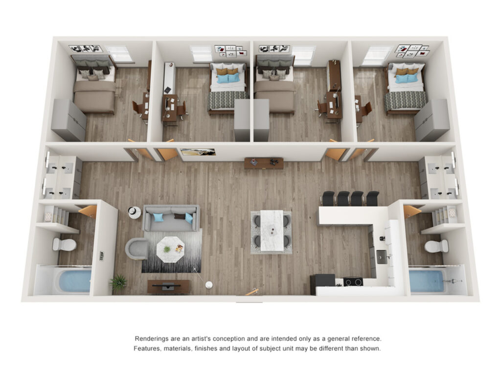Modern 3-bedroom floor plan featuring a spacious open-concept living area, stylish kitchen with island, and two elegant bathrooms.