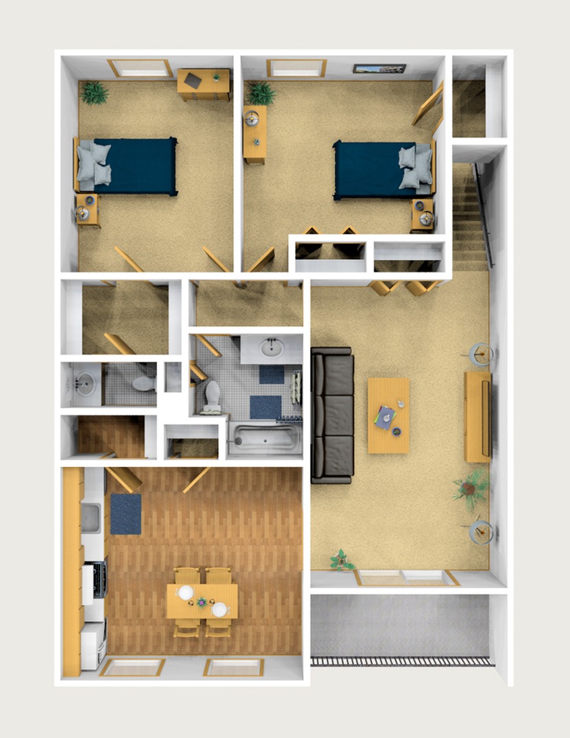 Two Bedroom Furnished 3D View (Upper)