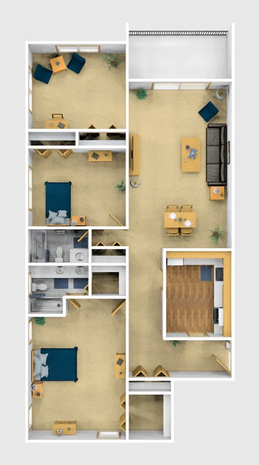 Two Bedroom Furnished 3D View