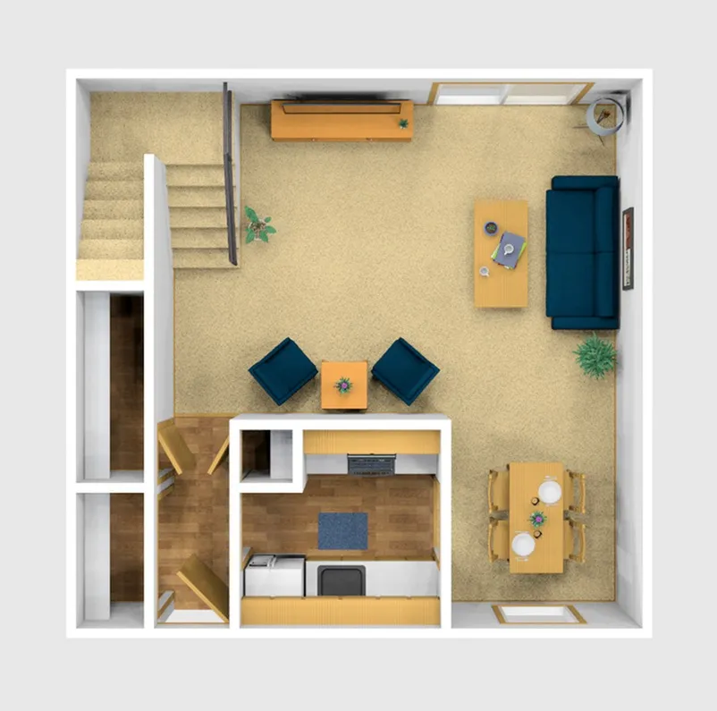 Two Bedroom Furnished 3D View (Lower Floor)