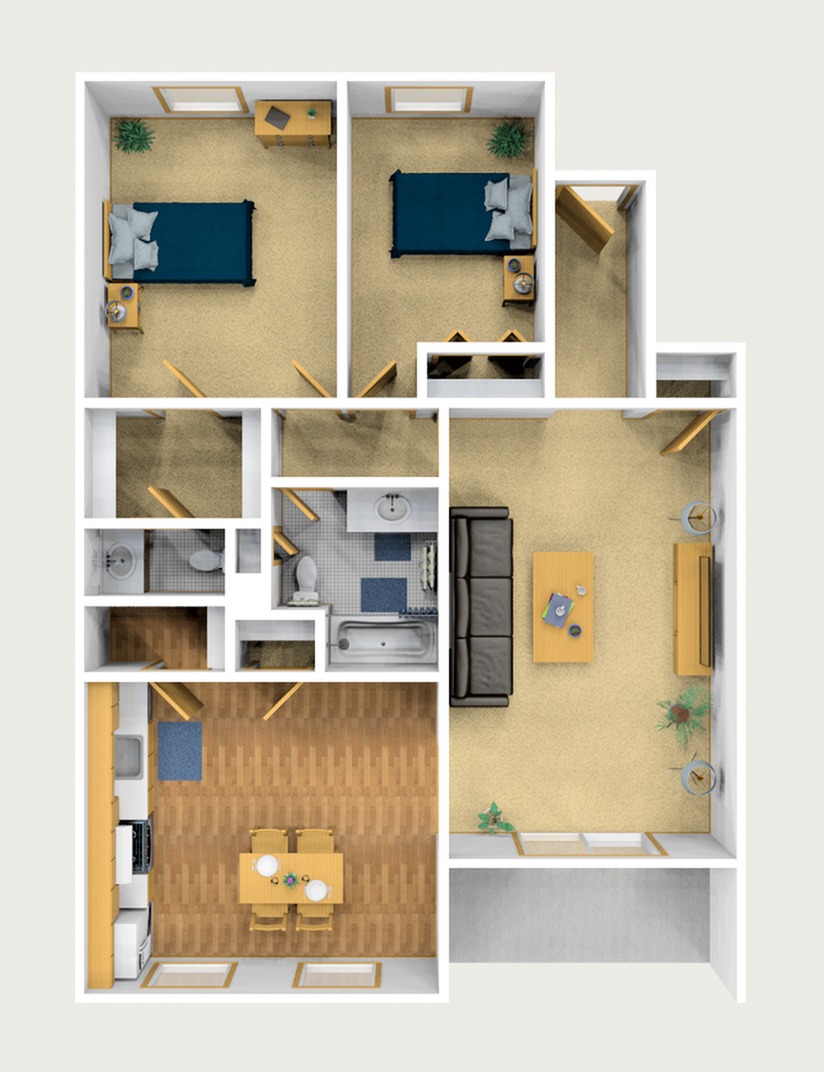Two Bedroom Furnished 3D View (Downstairs)