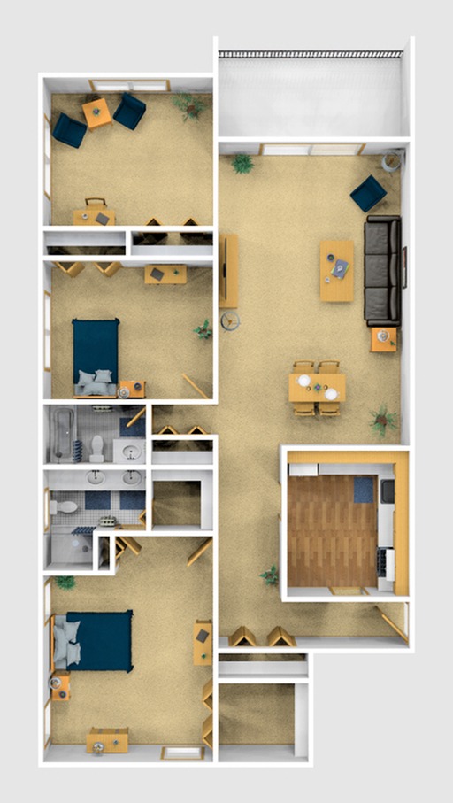 Two Bedroom Furnished 3D View