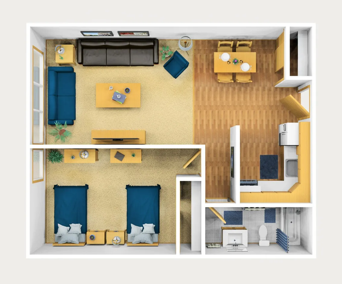 One Bedroom Furnished 3D View