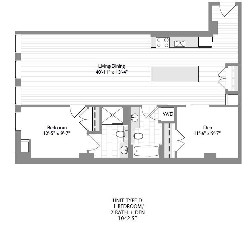 1 bedroom 2 bath w/ Den | 1,047 sqft