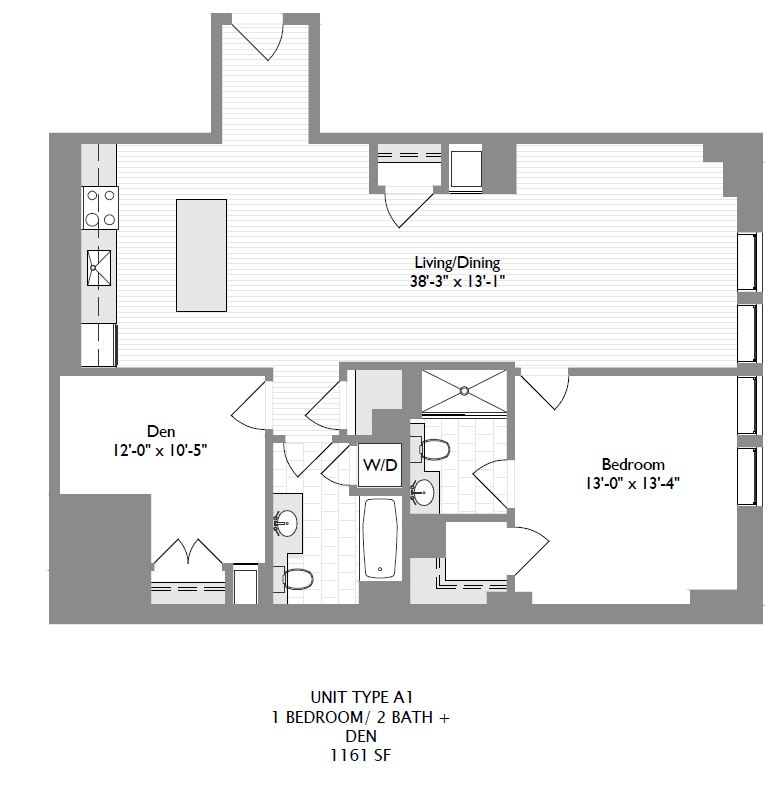 1 bedroom 2 bath w/ Den | 1,161 sqft