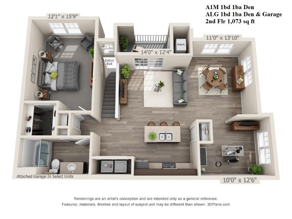 1 Bed, 1 Bath w/ Den and garage 1073 sf