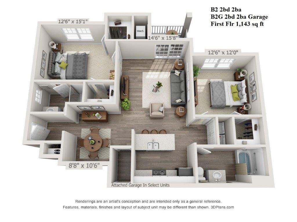 2 Bed, 2 Bath 1143 sf
