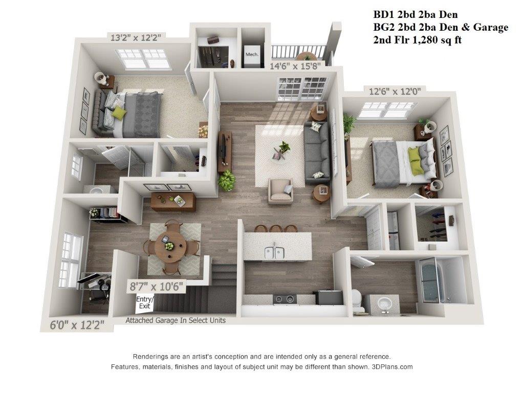 2 Bed, 2 Bath w/ den 1280 sf