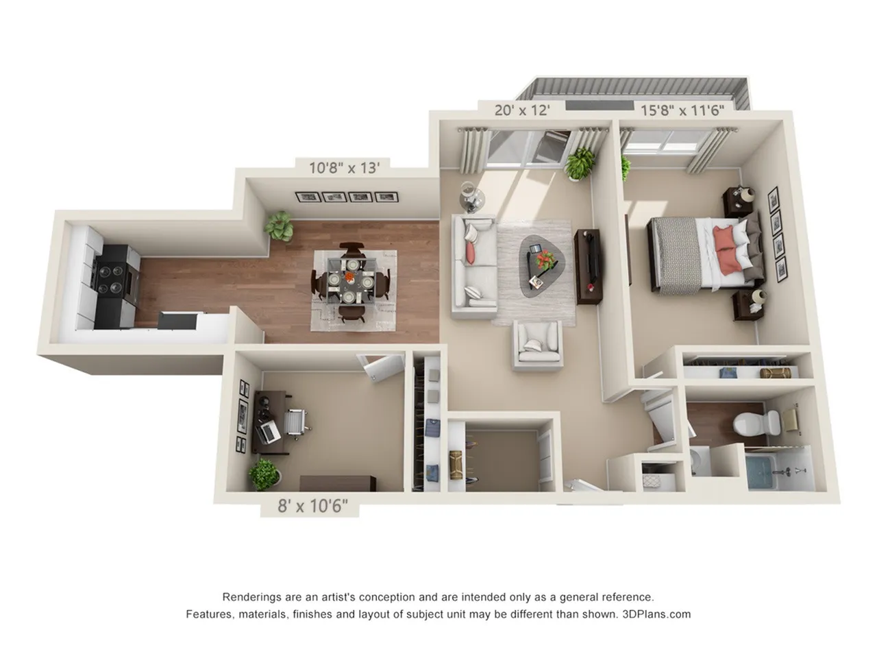 1 bed, 1 bath with den