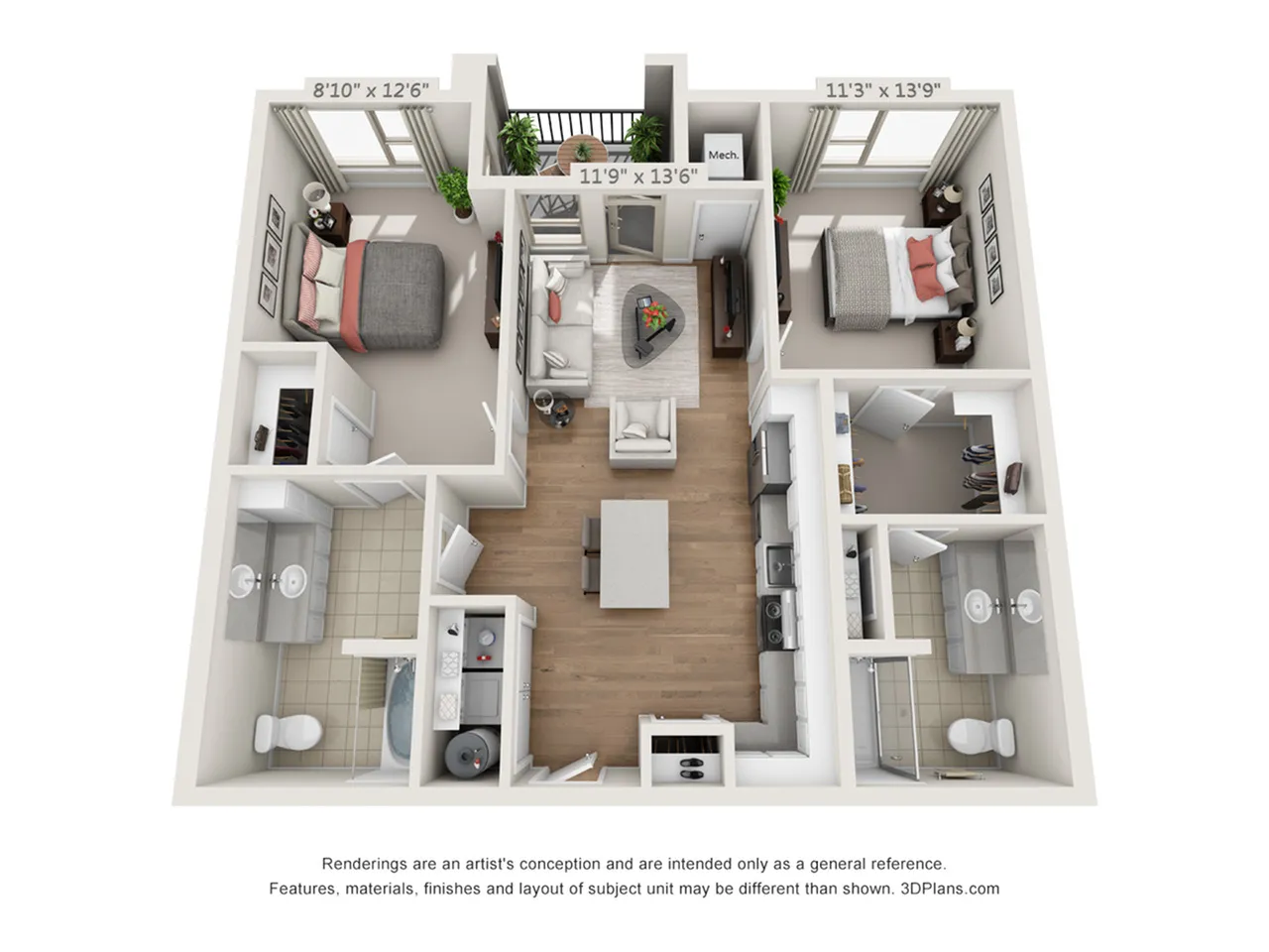 2 bed, 2 bath 1007 SF