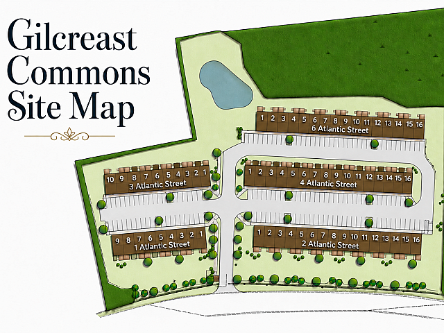 Inviting Gilcreast Commons site map showcasing a thoughtfully planned neighborhood with multiple Atlantic Street residences, ample parking, lush greenery, and a serene central pond.