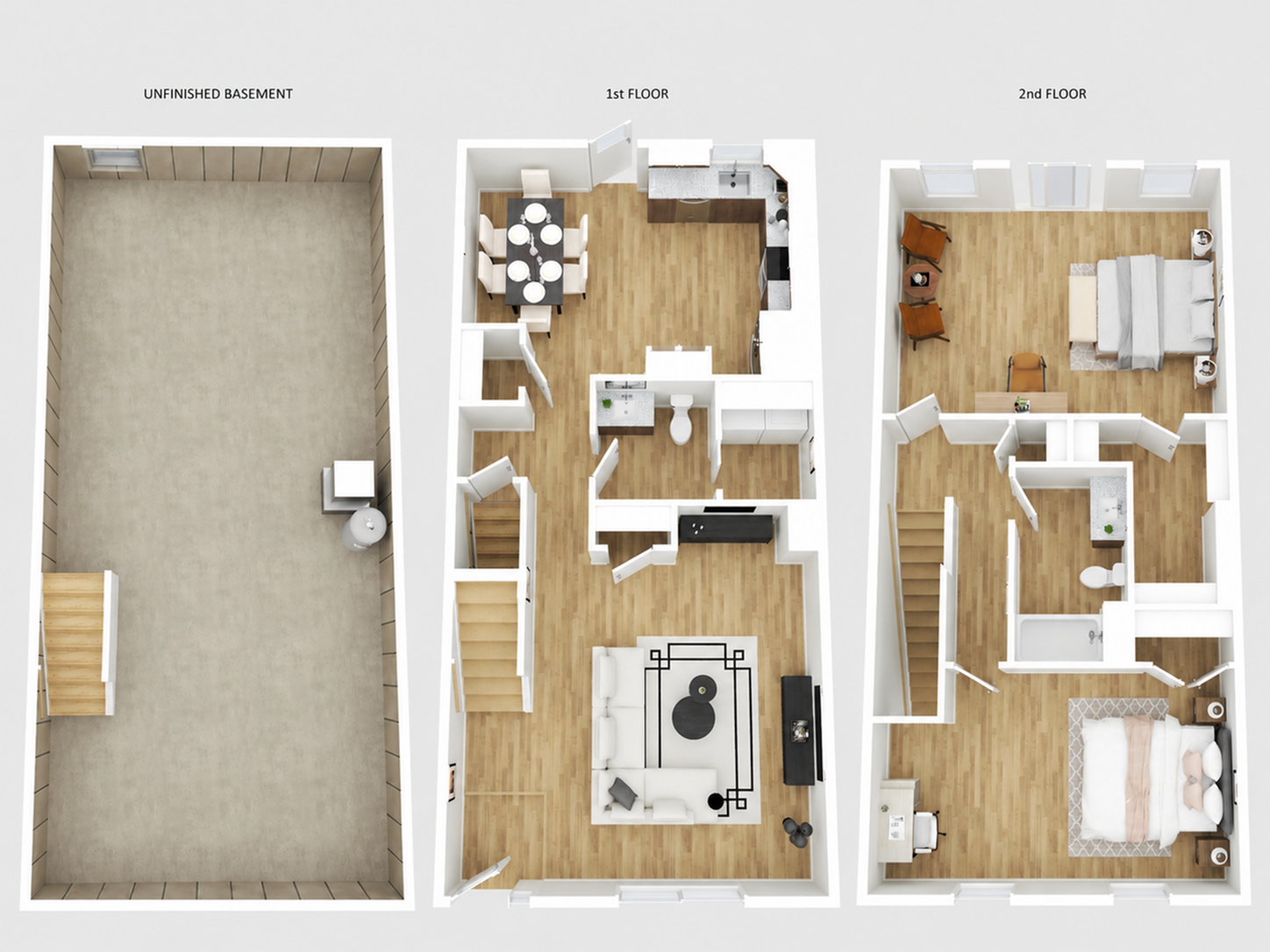 Elegant multi-story floor plan featuring an unfinished basement, an open-concept first floor with dining and living areas, and a second floor with 2 cozy bedrooms.