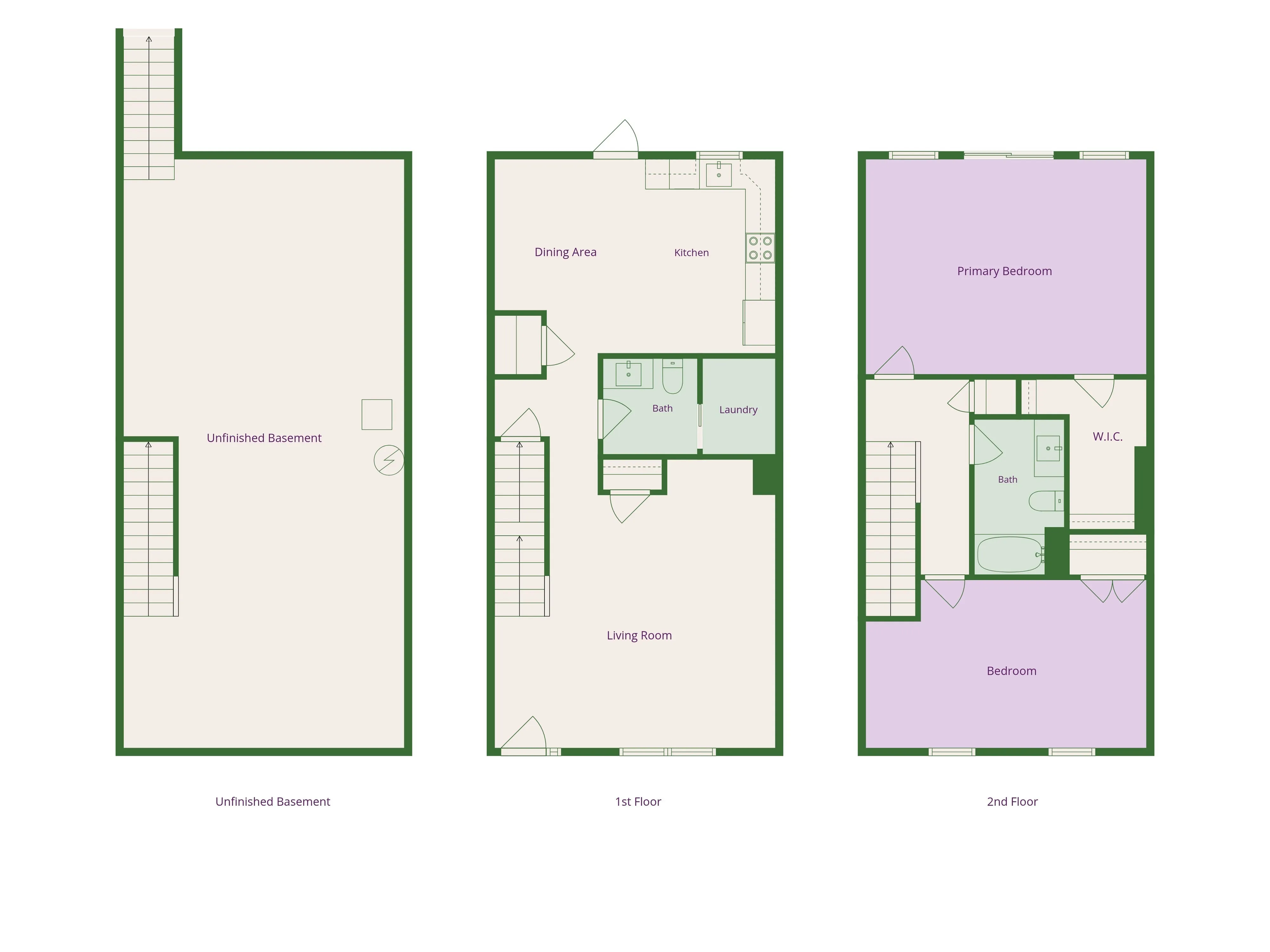 Inviting floor plan showcasing an unfinished basement, open-concept first floor with dining area, kitchen, and living room, and a second floor with two bedrooms including a primary suite with walk-in closet.