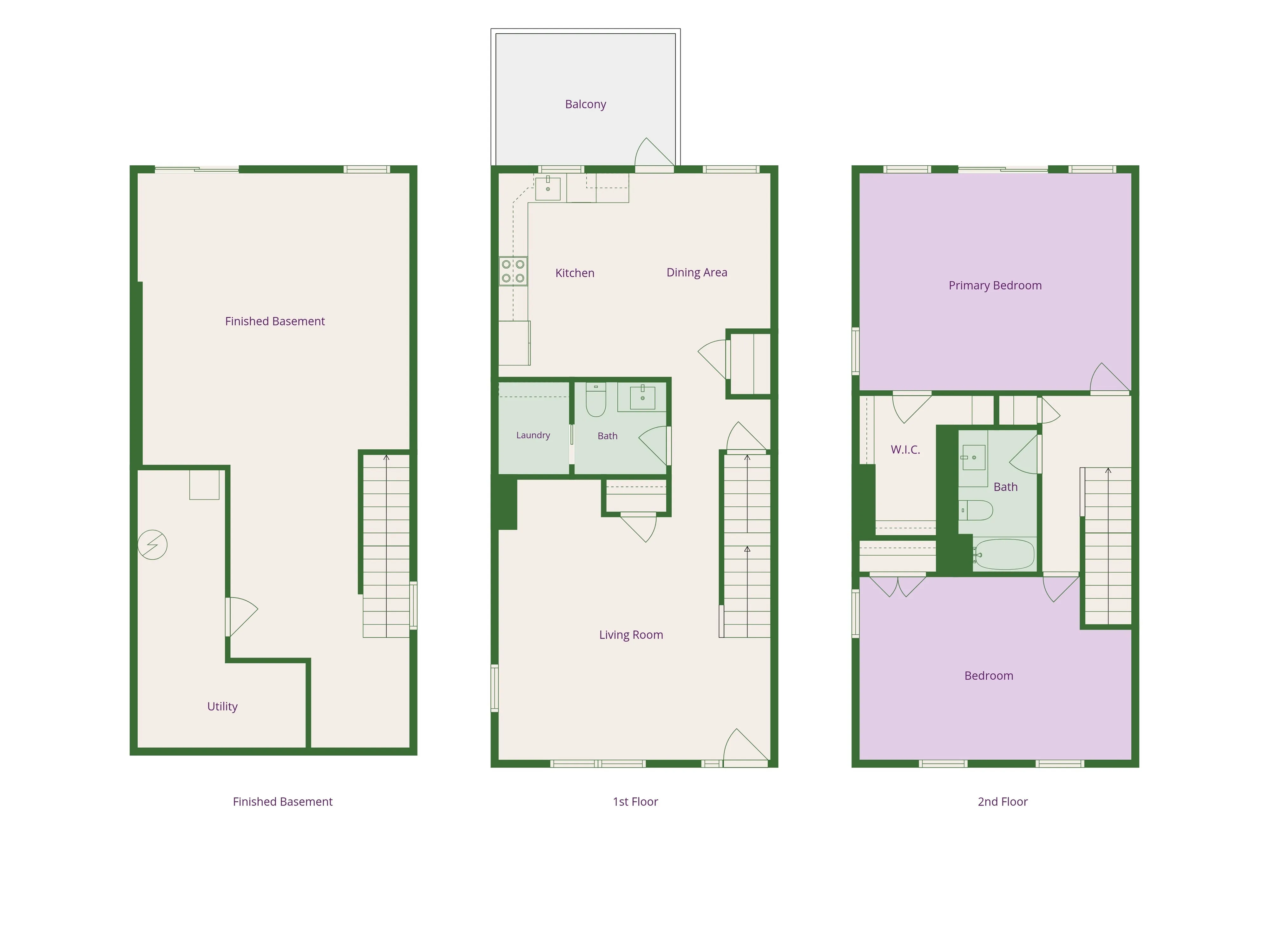 Elegant three-story floor plan featuring a finished basement, an open kitchen with dining area, and two spacious bedrooms. Includes a primary bedroom with walk-in closet, utility room, and an inviting balcony.