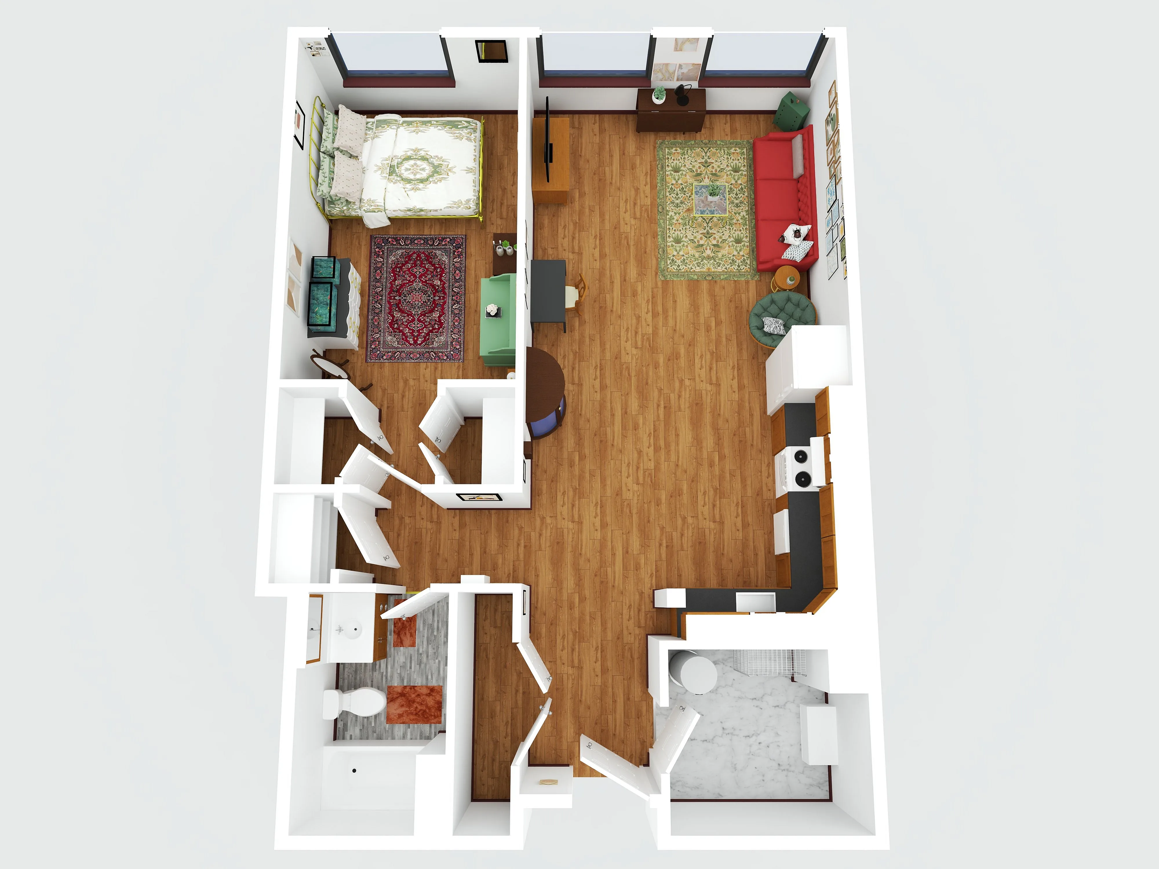 Elegant 3D floor plan showcasing a cozy one-bedroom apartment with a spacious living area and modern kitchen.