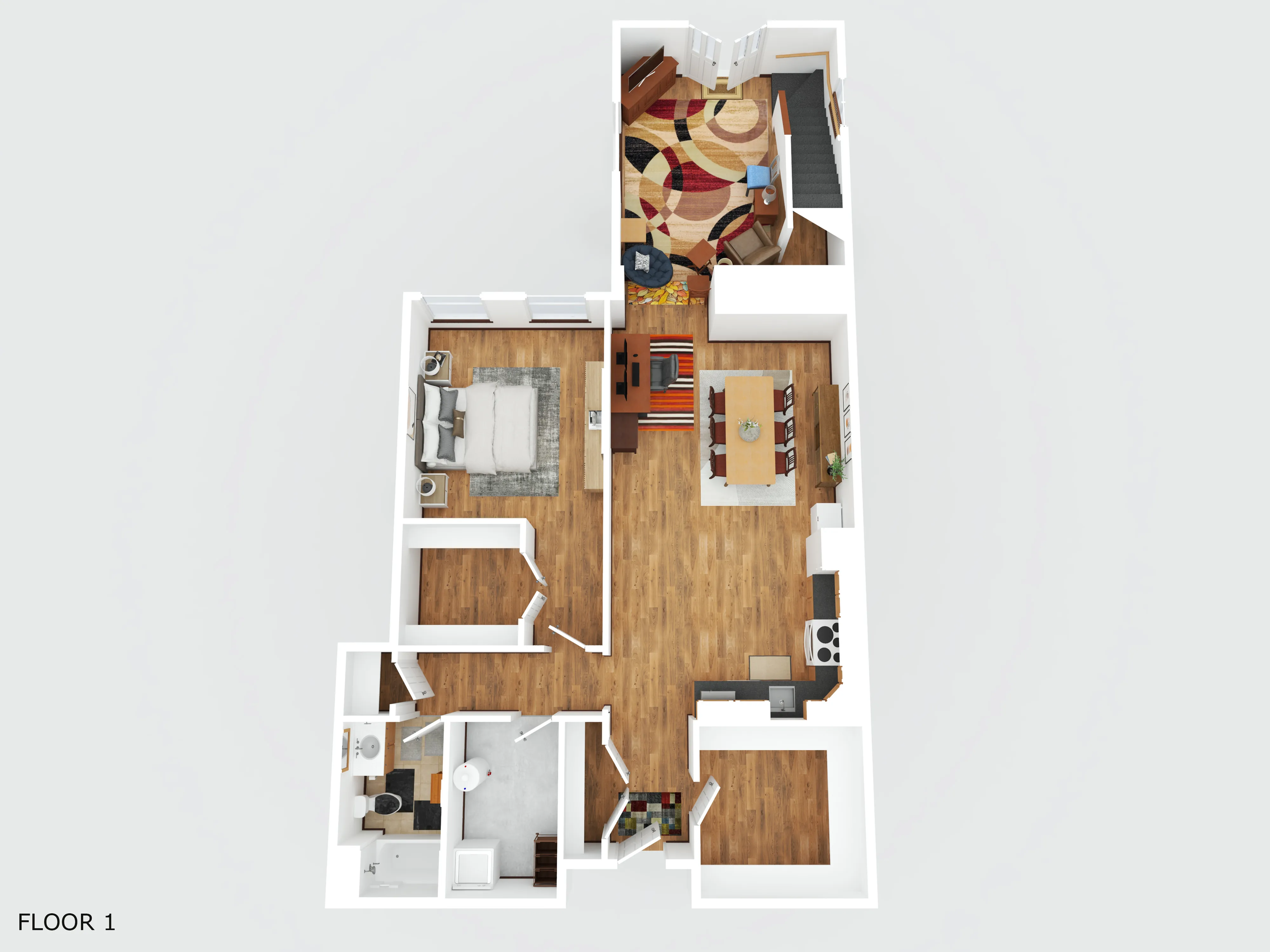 Inviting 3D floor plan showcasing an open-concept living and dining area, cozy bedroom, modern kitchen, and stylish bathroom with elegant wood flooring.