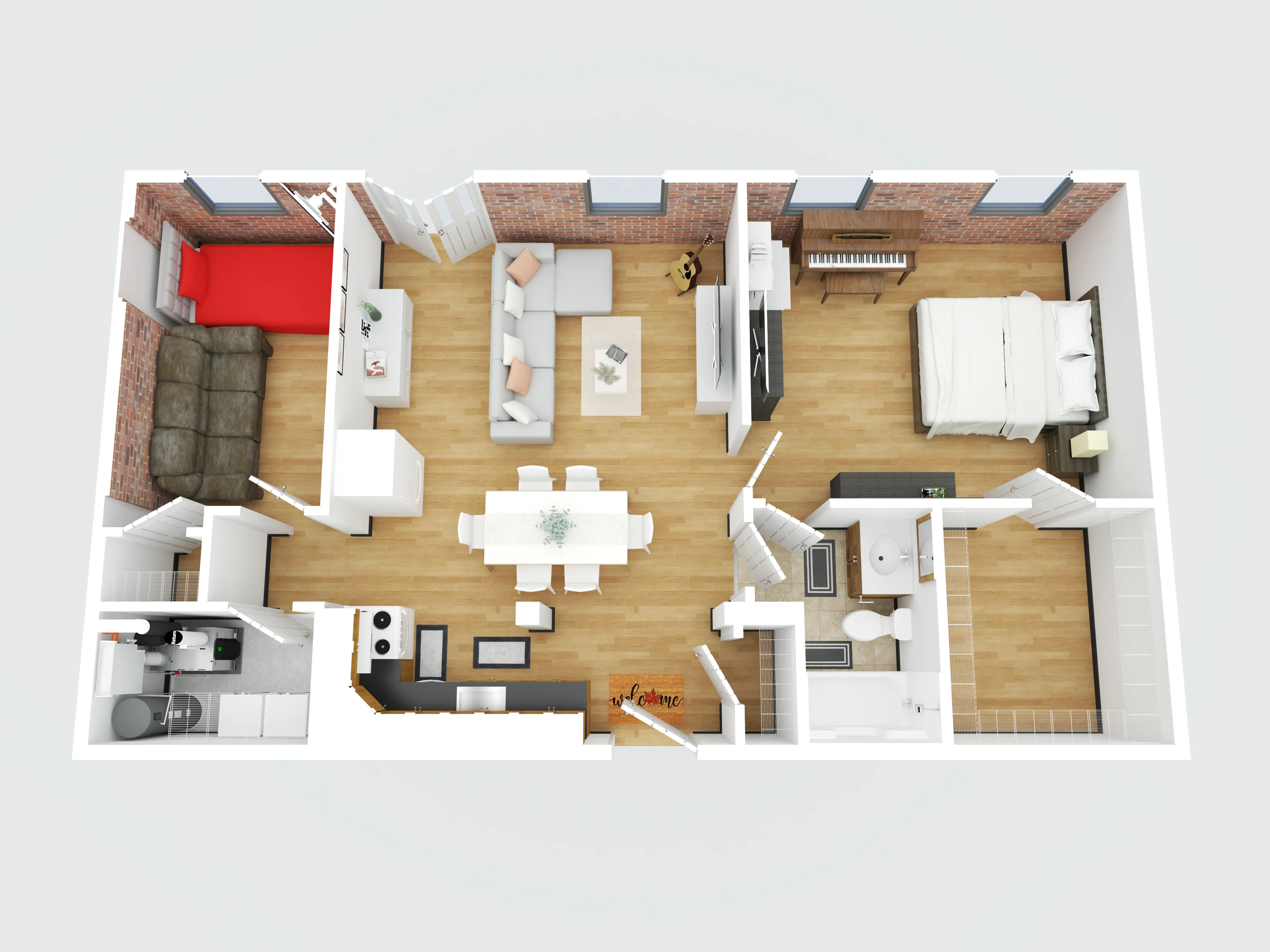 Modern 3D floor plan showcasing 2 bedrooms, a cozy living room, and a stylish kitchen with sleek furniture and wooden flooring.