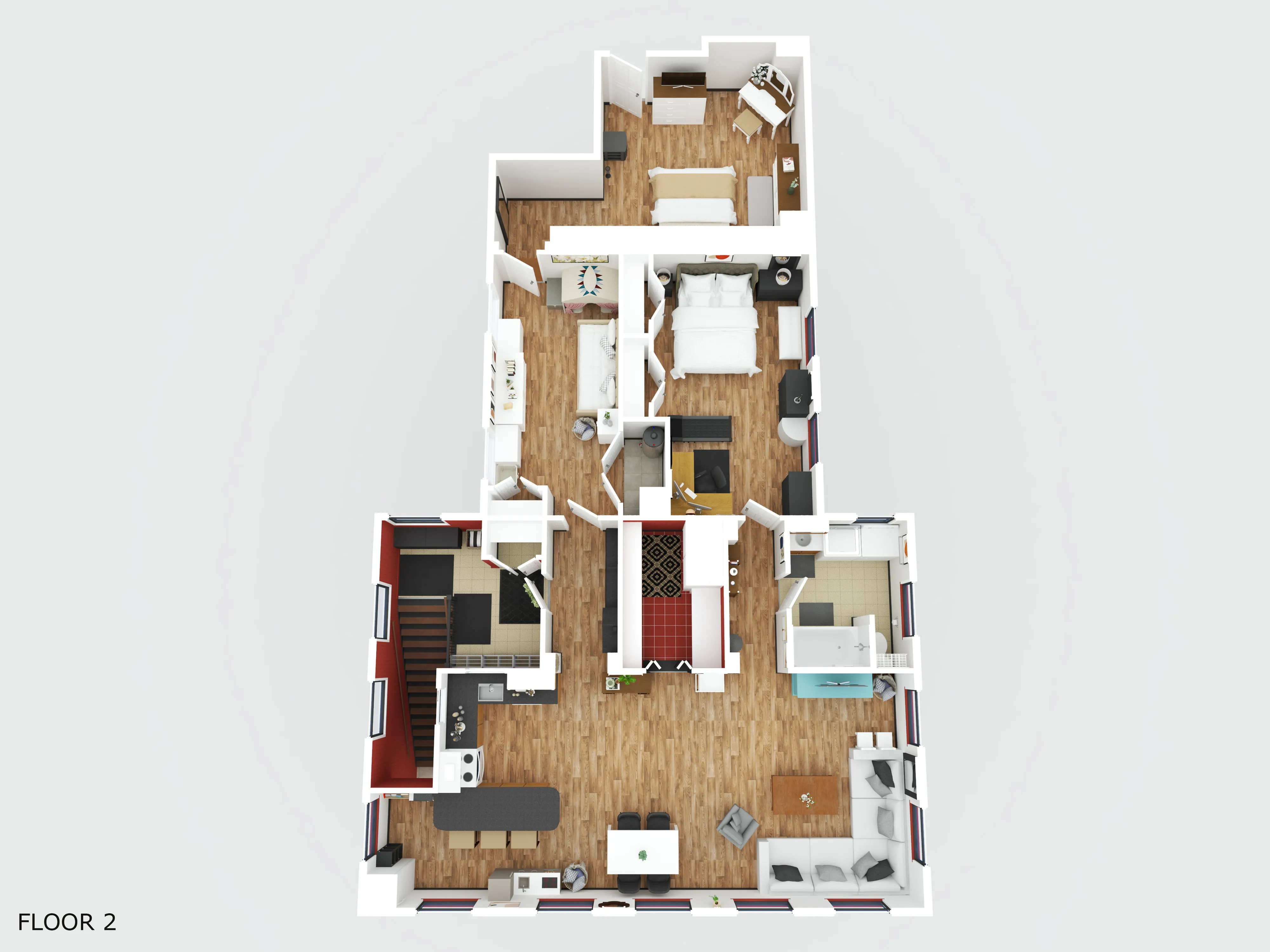 Modern 3D floor plan showcasing 3 bedrooms, a stylish open kitchen, cozy living space, and elegant wooden flooring.