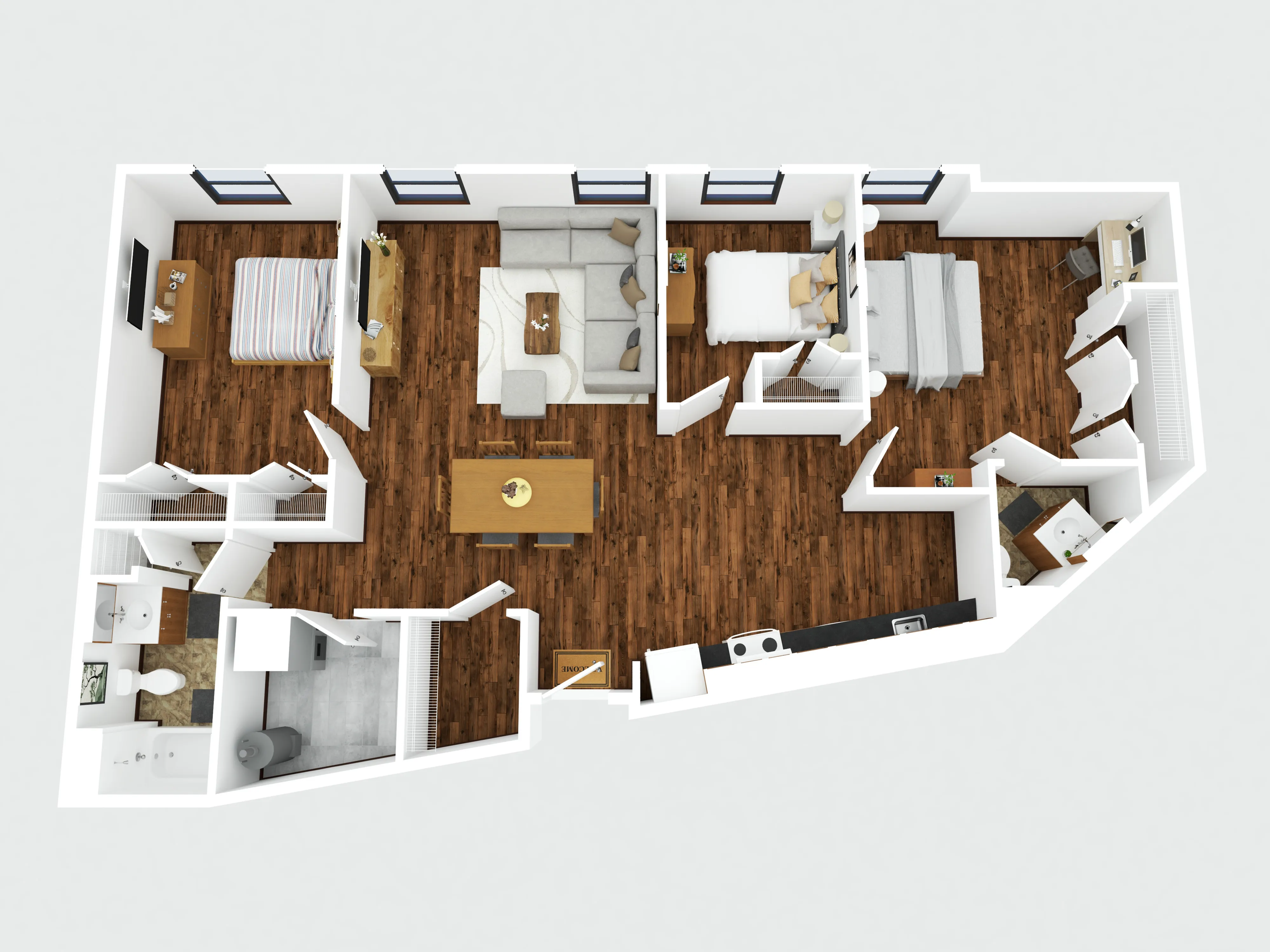 Modern 3D floor plan showcasing three bedrooms, a cozy living room, and a dining area, all featuring elegant hardwood floors.
