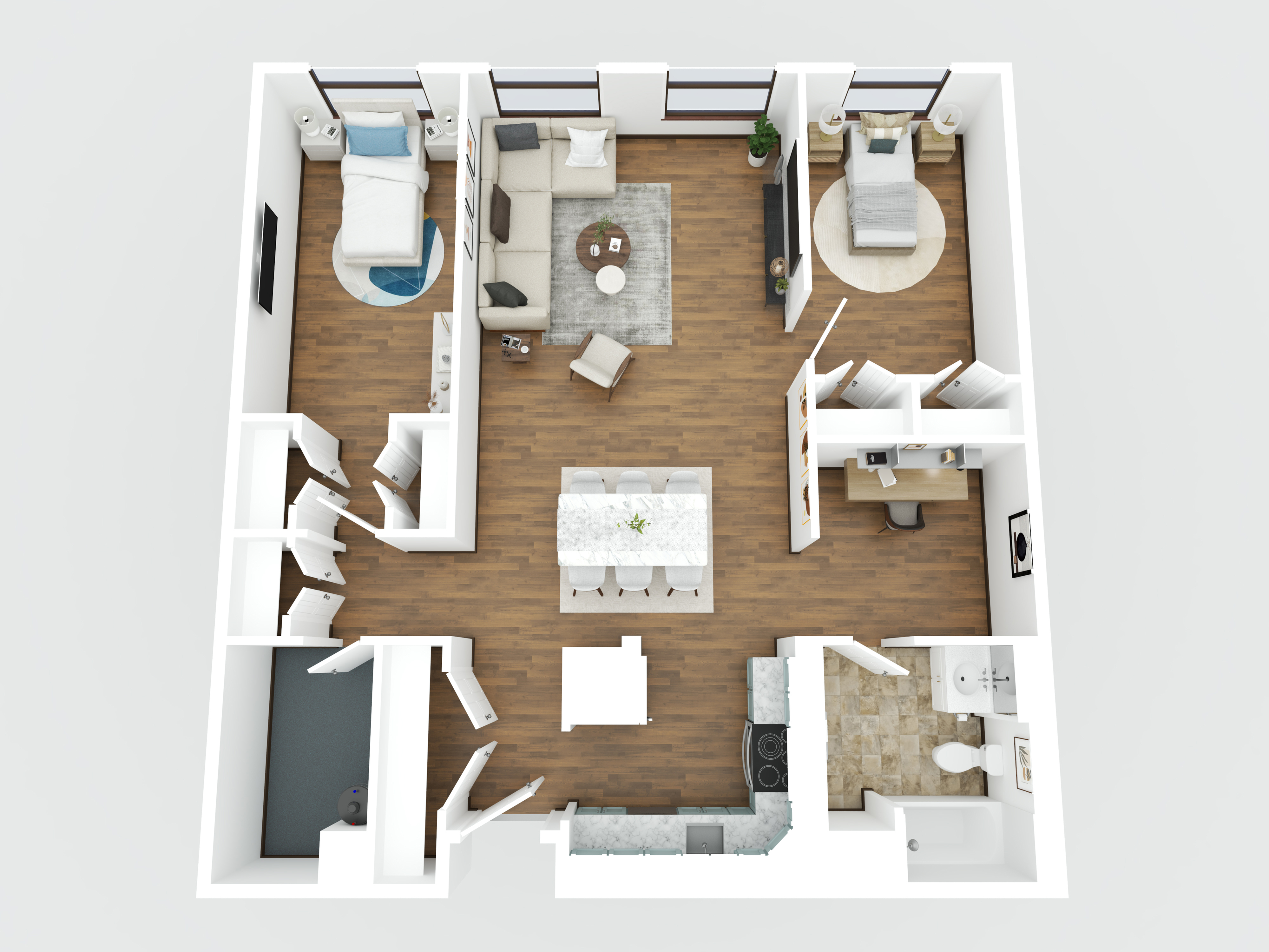 Contemporary 3D floor plan showcasing 2 bedrooms, a cozy living area, modern kitchen, and stylish workspace, ideal for urban living.