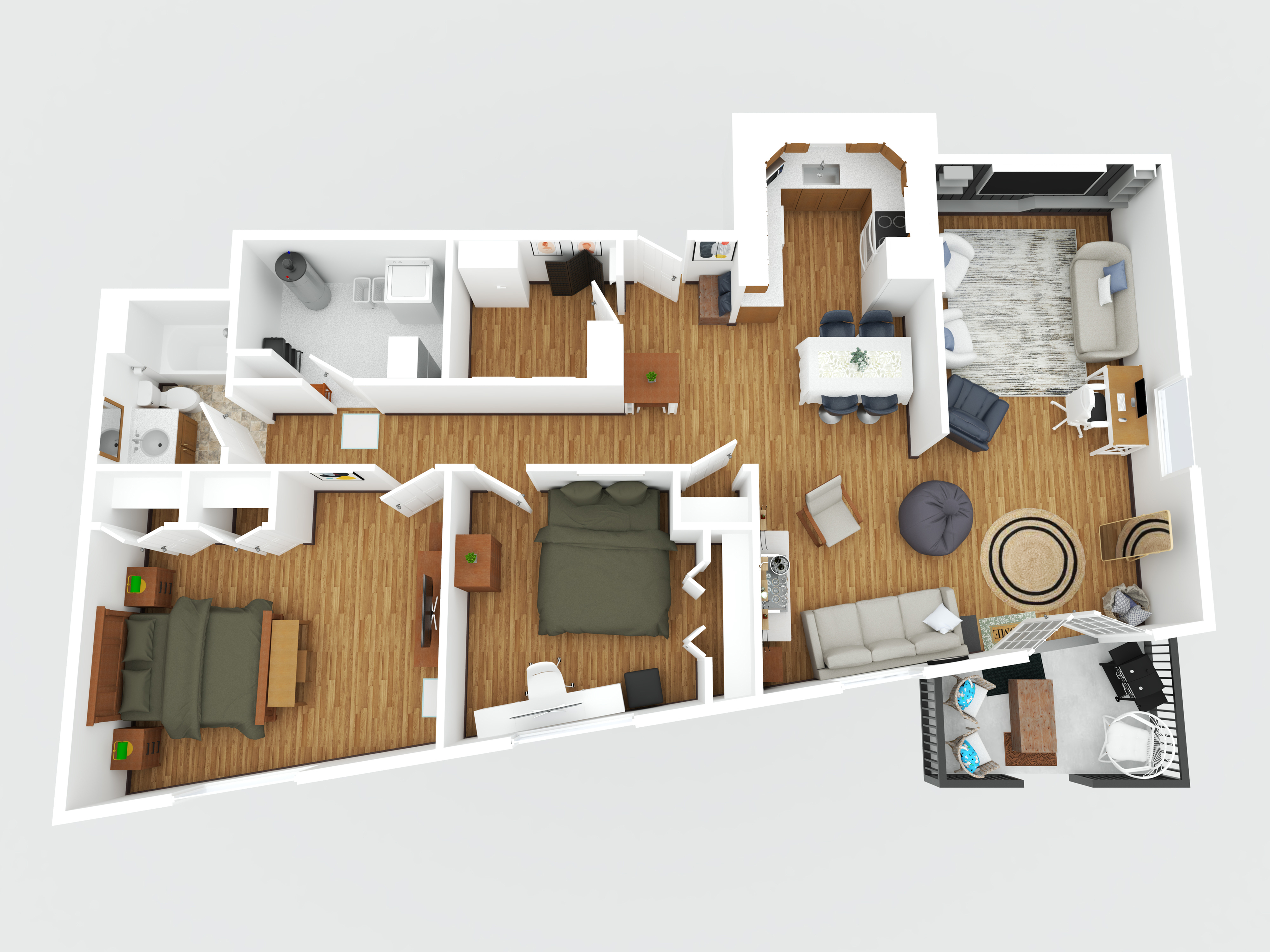 Modern 3D floor plan showcasing 2 bedrooms, 2 bathrooms, and a cozy open-concept living area with kitchen, ideal for comfortable living.