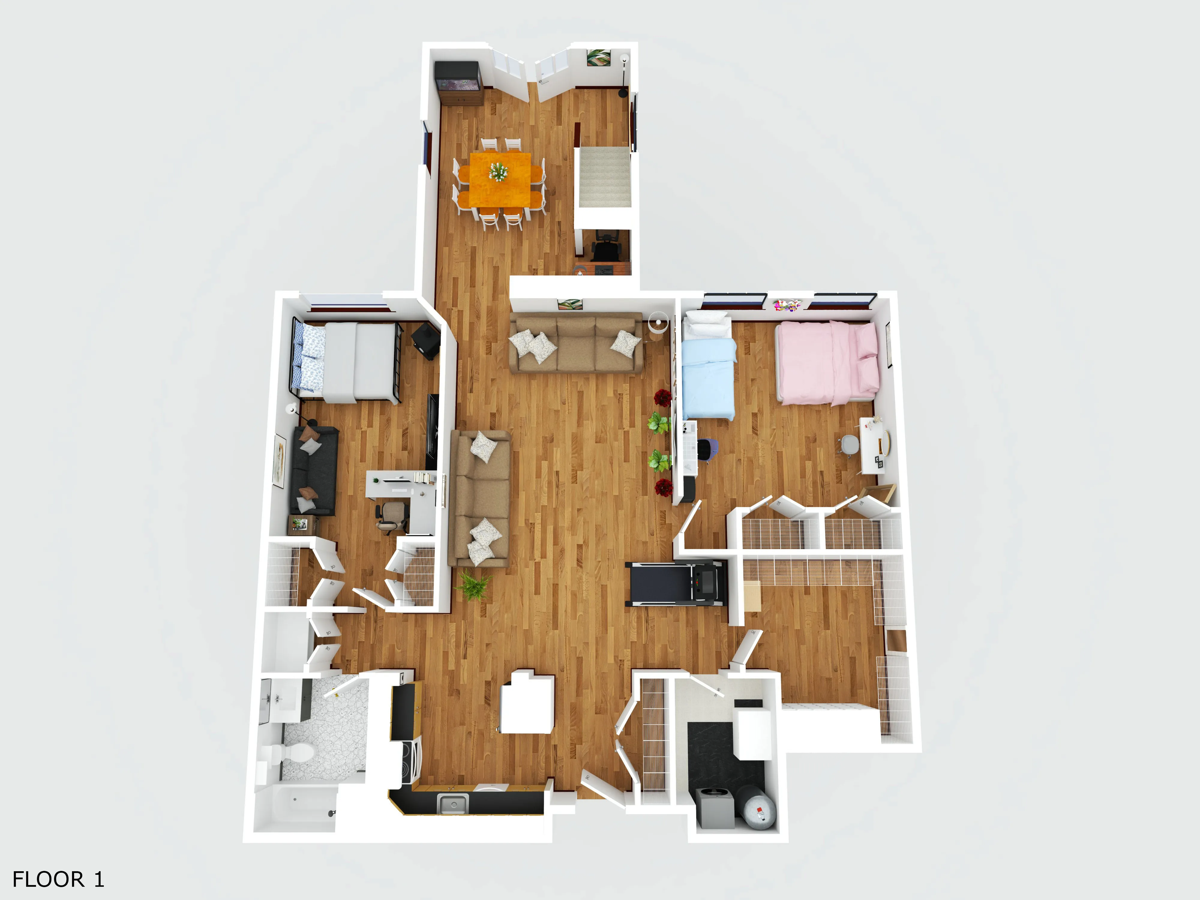 Charming 3D floor plan showcasing spacious 2-bedroom apartment with open living area, modern kitchen, and inviting dining space.