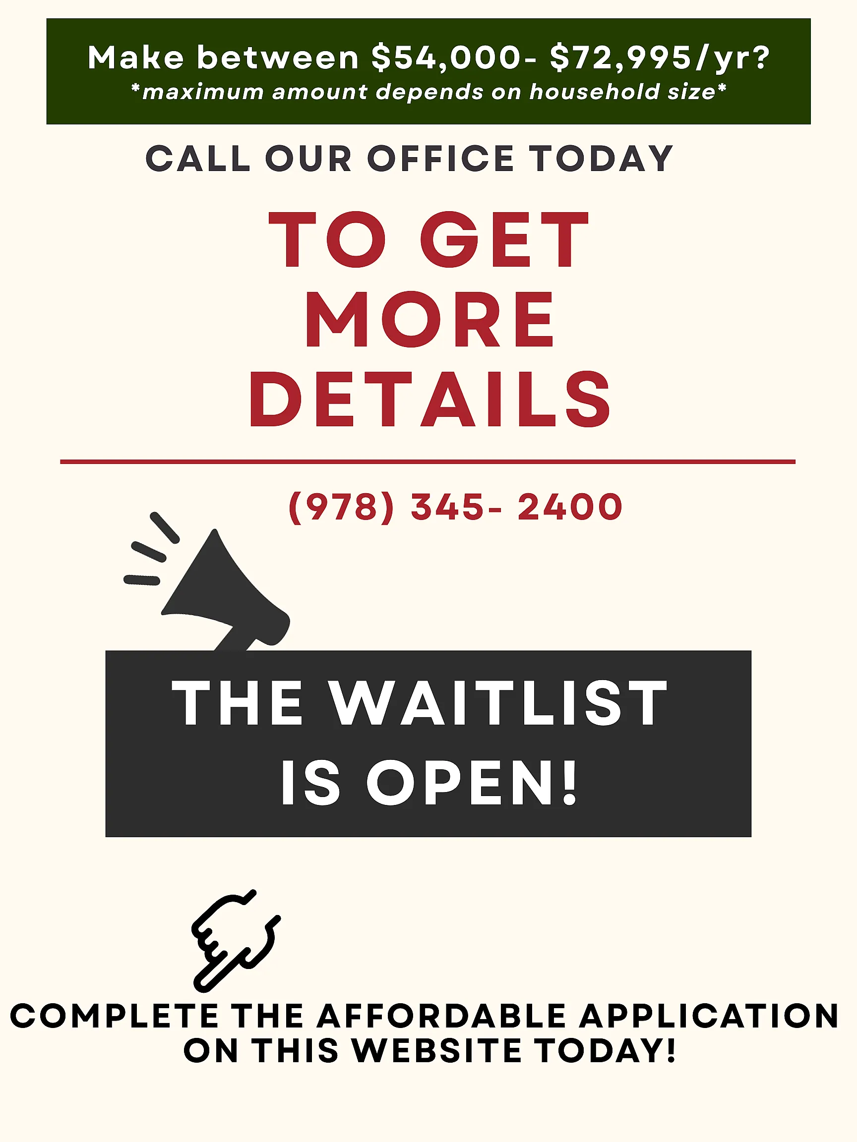 Promotional flyer for affordable housing with contact information and message that the waitlist is open.
