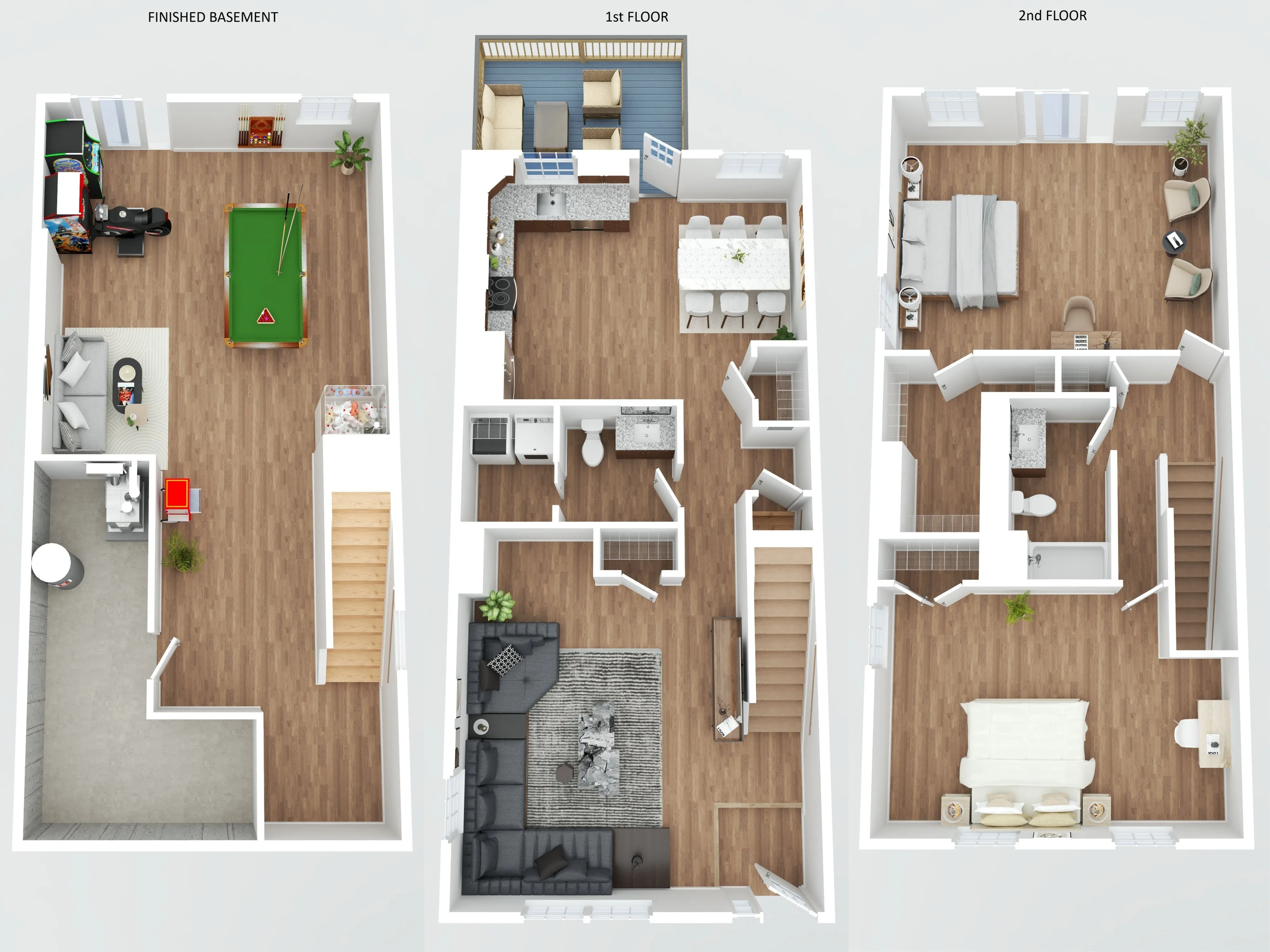 Charming multi-level floor plan showcasing a finished basement with game area, stylish 1st-floor kitchen and living area, and luxurious 2nd-floor master bedroom.